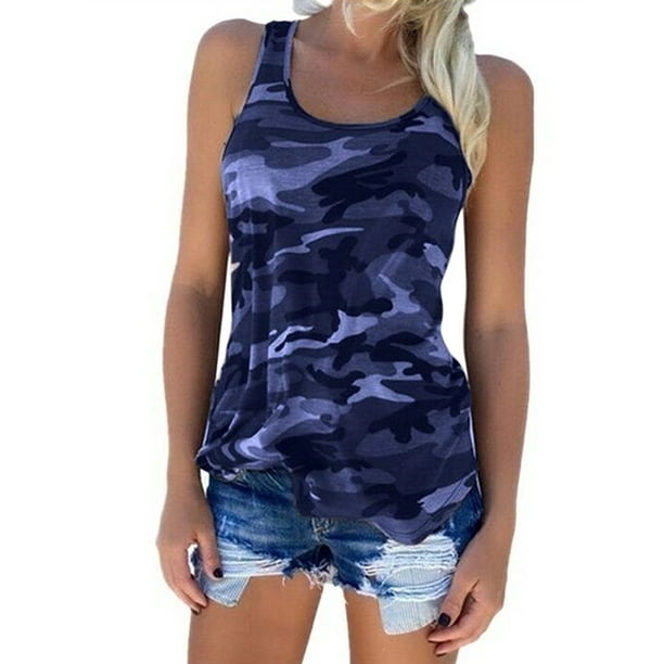 Womens Camouflage Print Halter Tank Top Slim Fit Frilled Pleated Sleeveless T-Shirt 